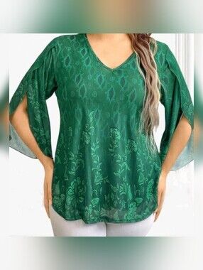 Green V-Neck Floral Jacquard Tunic